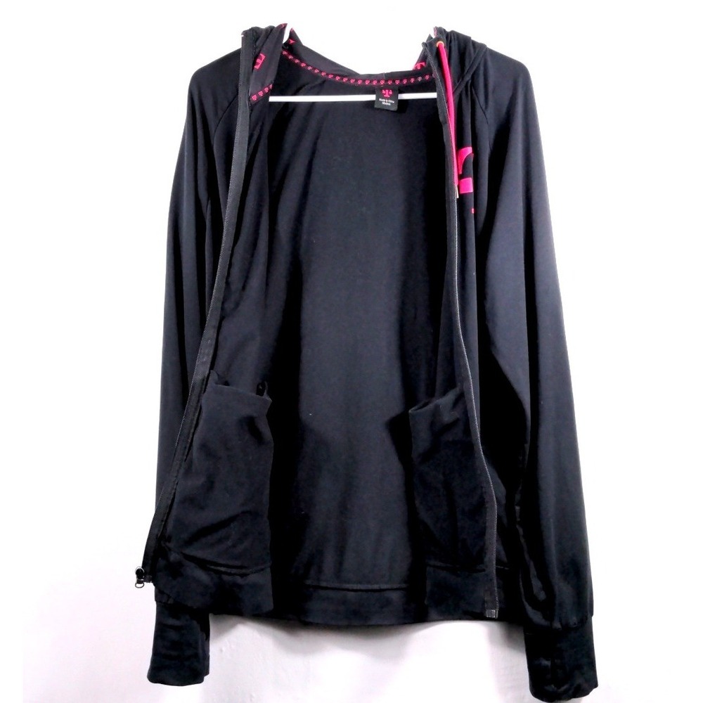 T-Mobile Womens Medium Full Zip Hoodie Polyester Black Magenta Thumbhole Logo - Picture 7 of 11